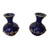 Pair of antique cobalt blue ceramic vases + vintage metal decor