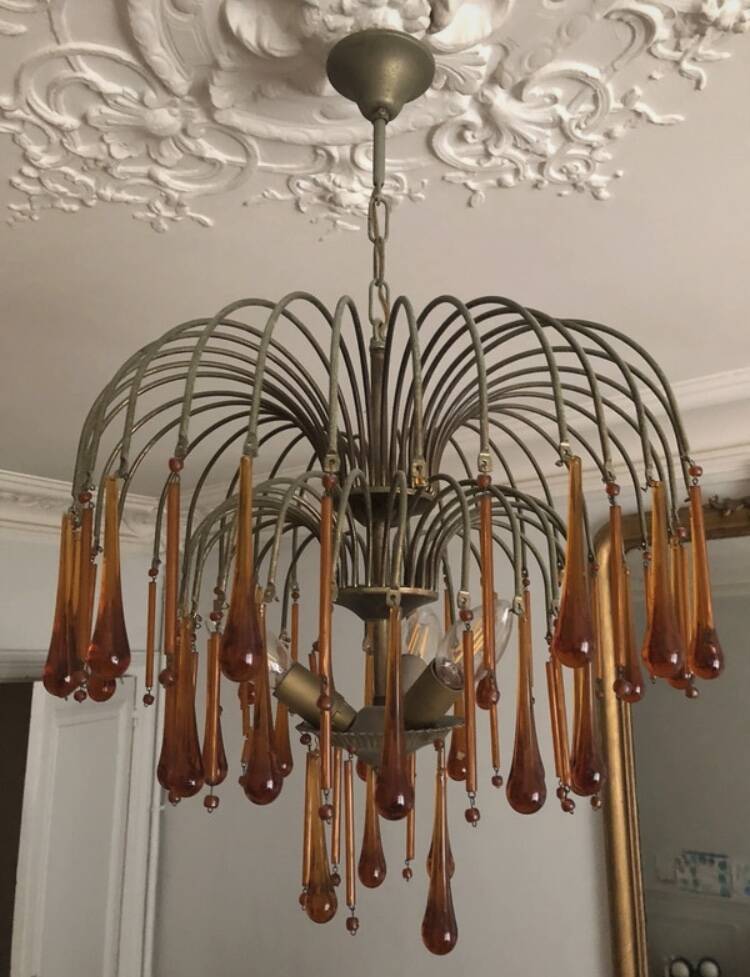 Vintage 1970s brass and Murano glass chandelier
