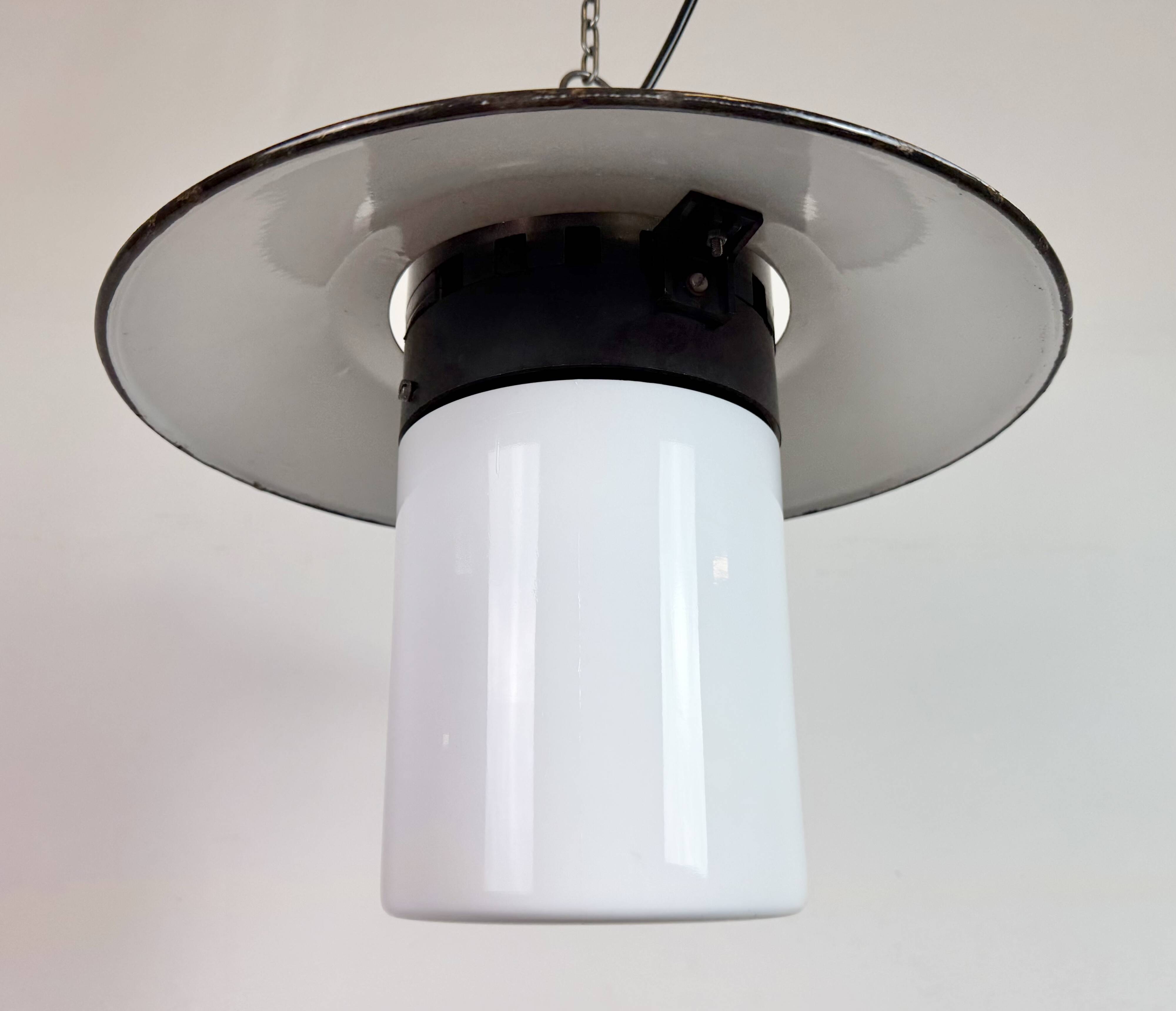 Industrial Grey Enamel Pendant Lamp with Milk Glass, 1960s