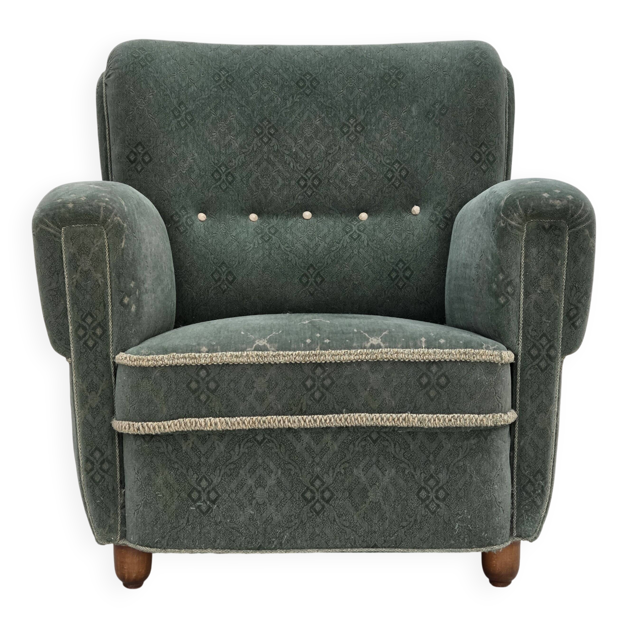 1960s, Danish armchair, light green furniture wool, oak wood legs.