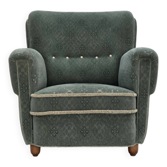 1960s, Danish armchair, light green furniture wool, oak wood legs.