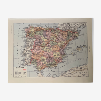 Lithographie carte de l'Espagne de 1928