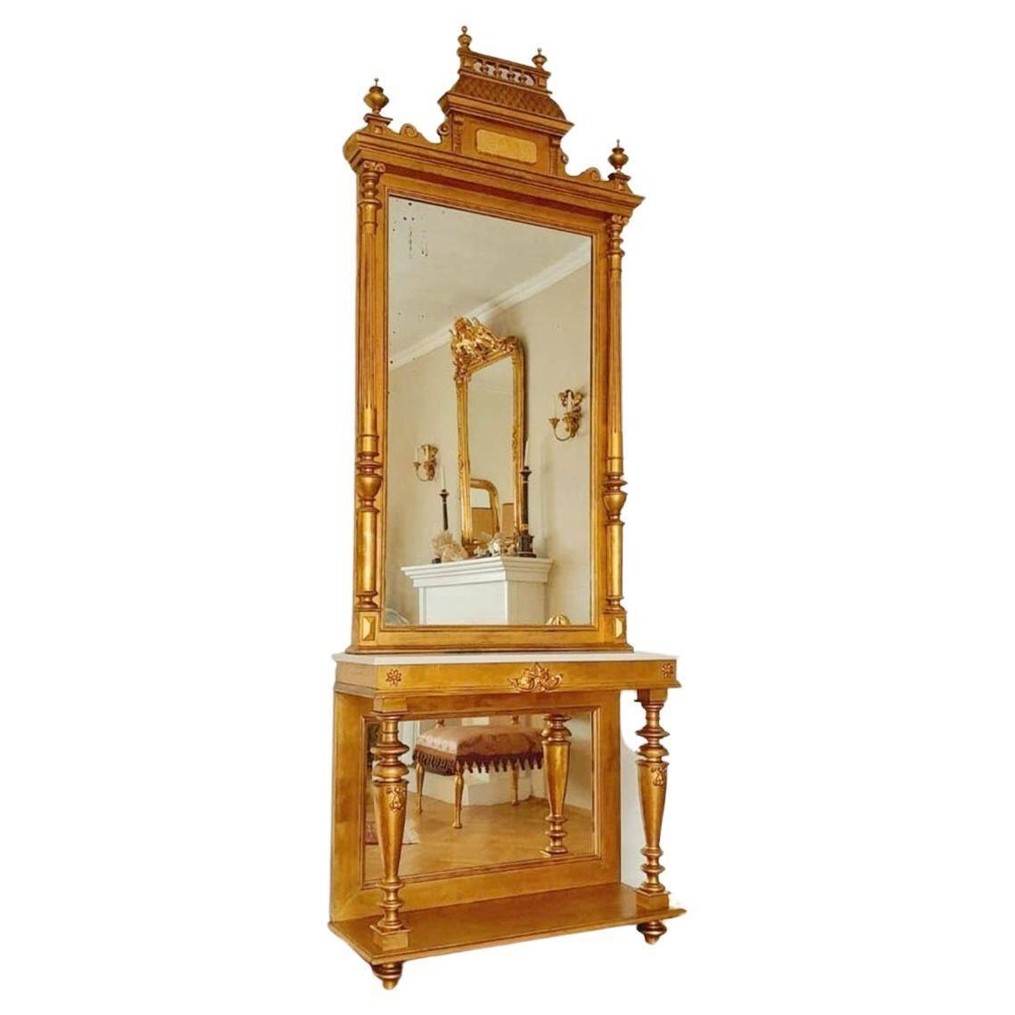 Table console victorienne en bois doré avec miroir et plateau en marbre, Autriche 1880s
