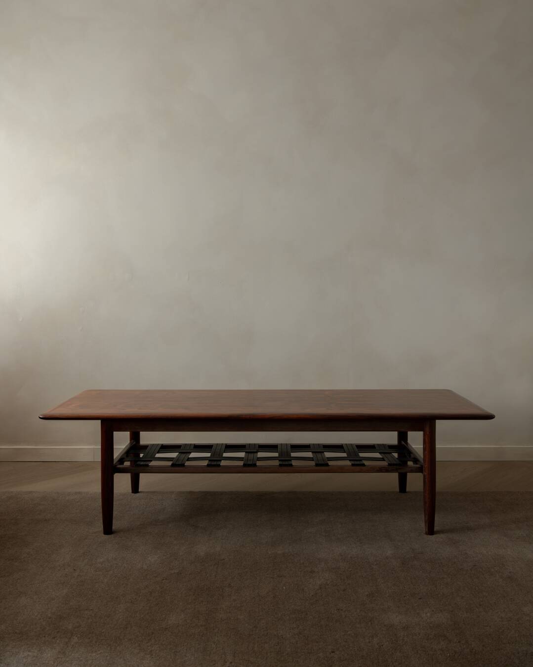 Vintage Rosewood Coffee Table Leather Magazine Shelf Topform Dutch MCM 1960