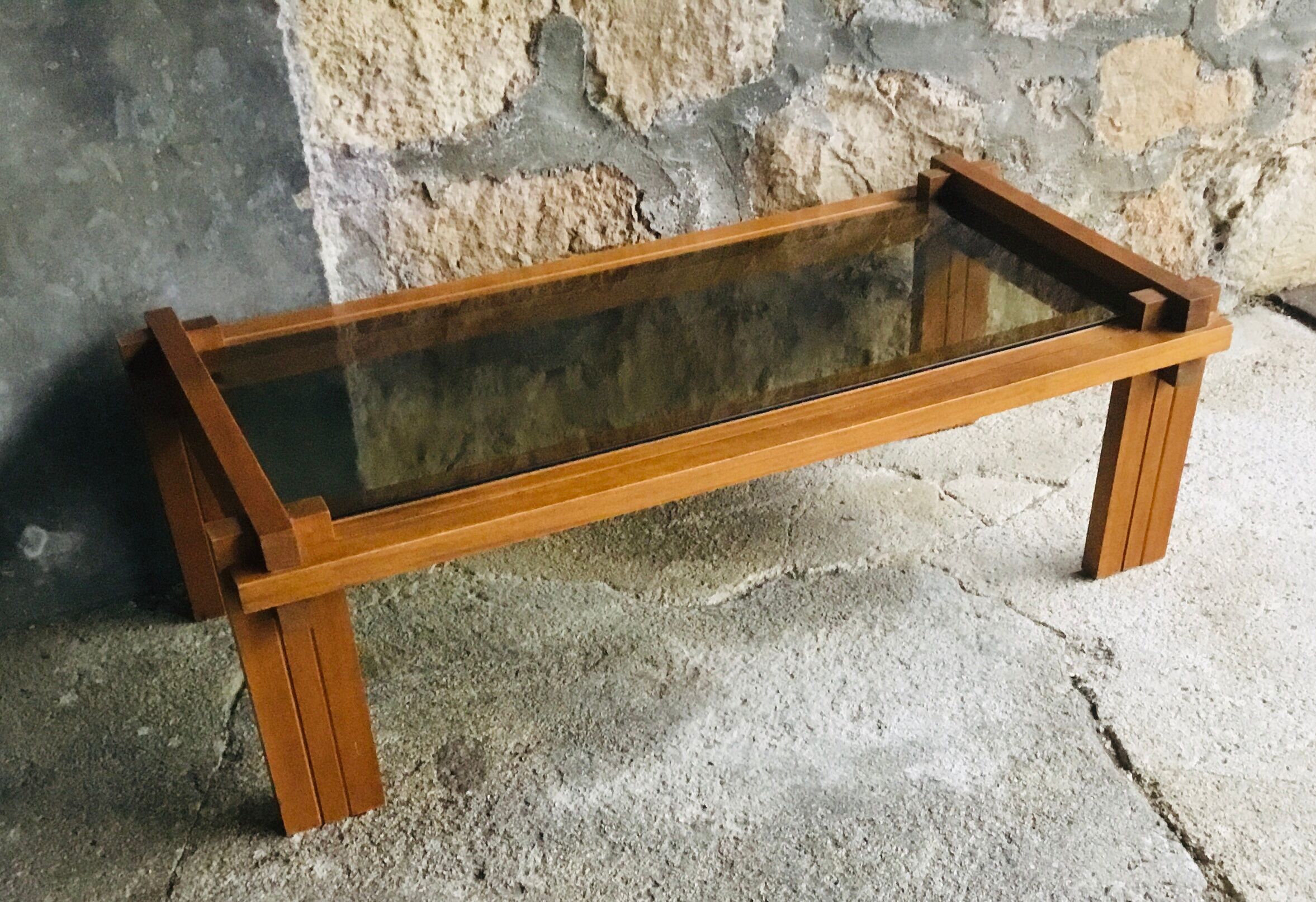 Modernist rectangular coffee table wood and glass - vintage - 1960s