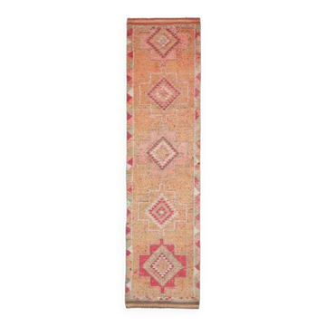 Vintage Turkish Hand-Knotted Wool Cotton Orange Runner Rug 83x355