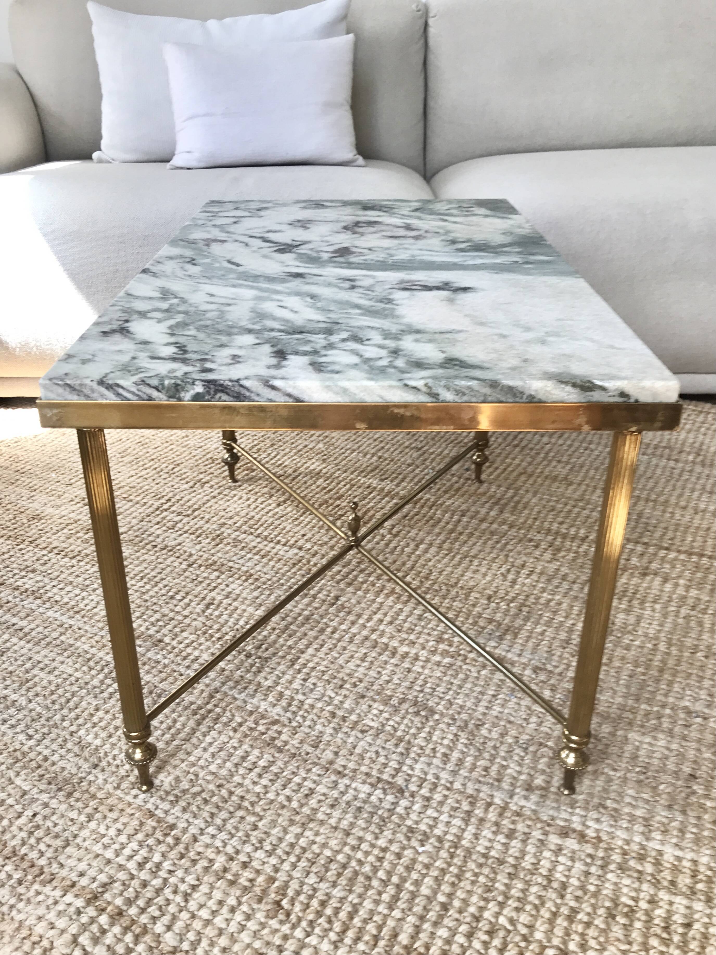 Coffee table in brass and green marble