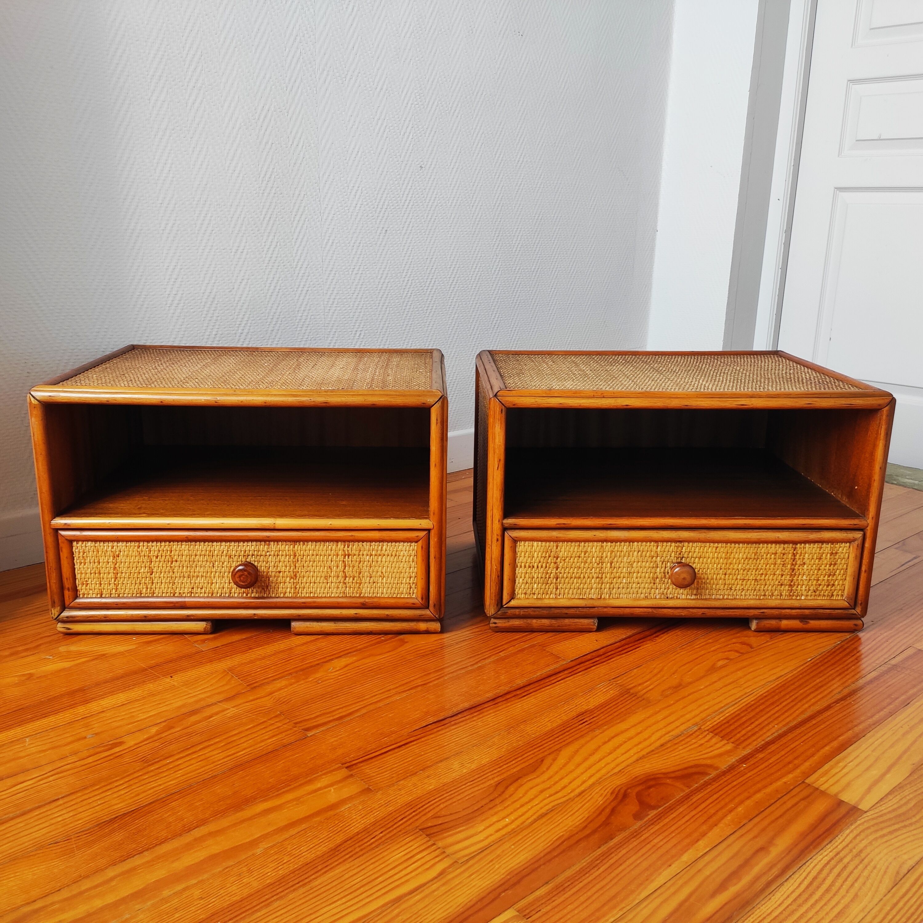 Pair of rattan bedside tables