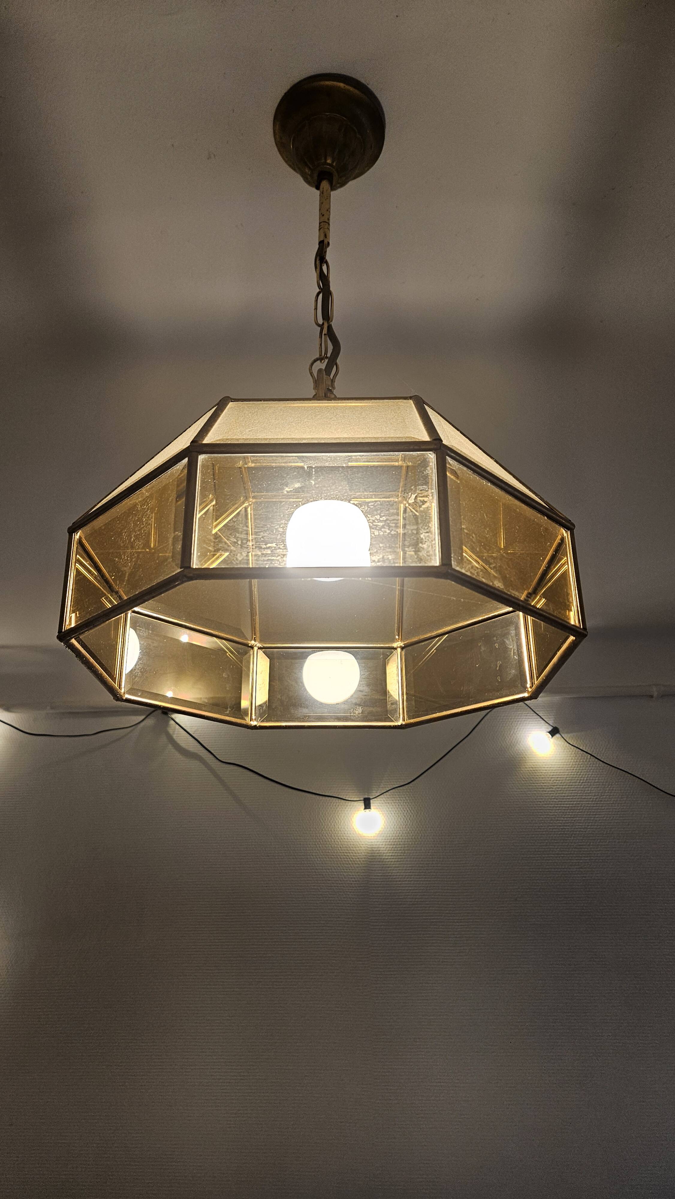 Vintage 70s gold metal smoked glass pendant light – retro design lamp