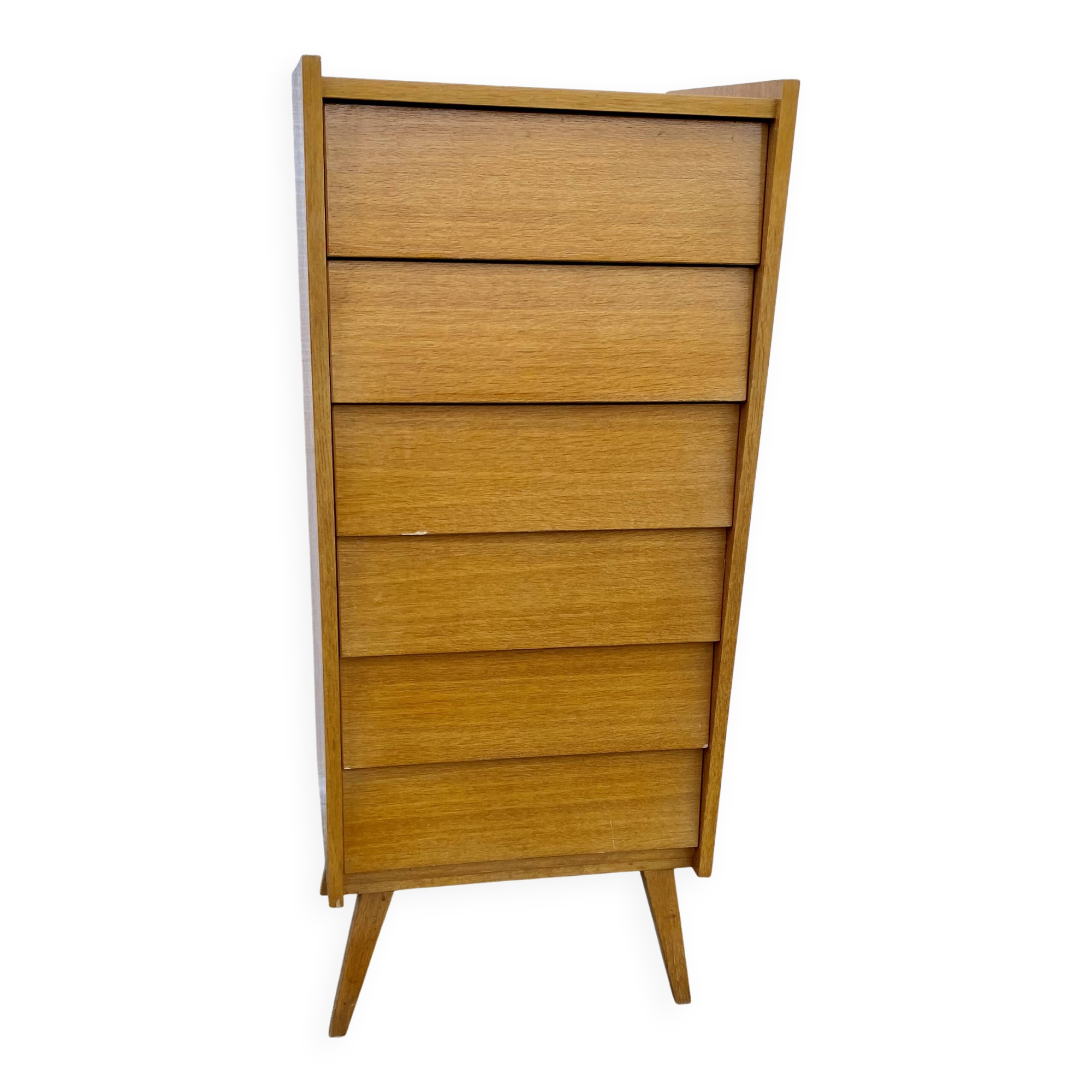 Vintage 1960s chest of drawers with compass legs and 6 slanted drawers