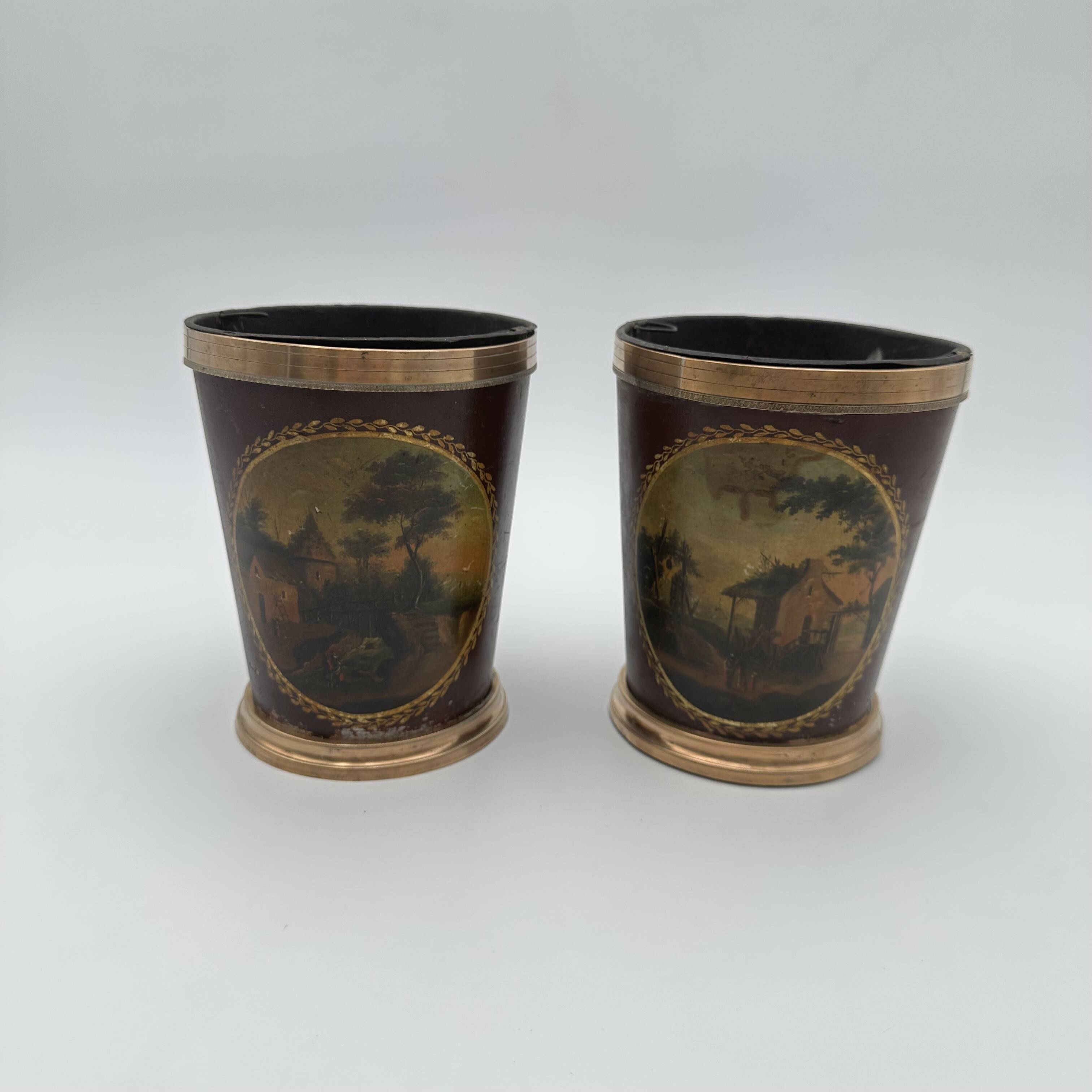 Pair of Painted Tin and Brass Planters, Decorated with Bucolic Landscapes,