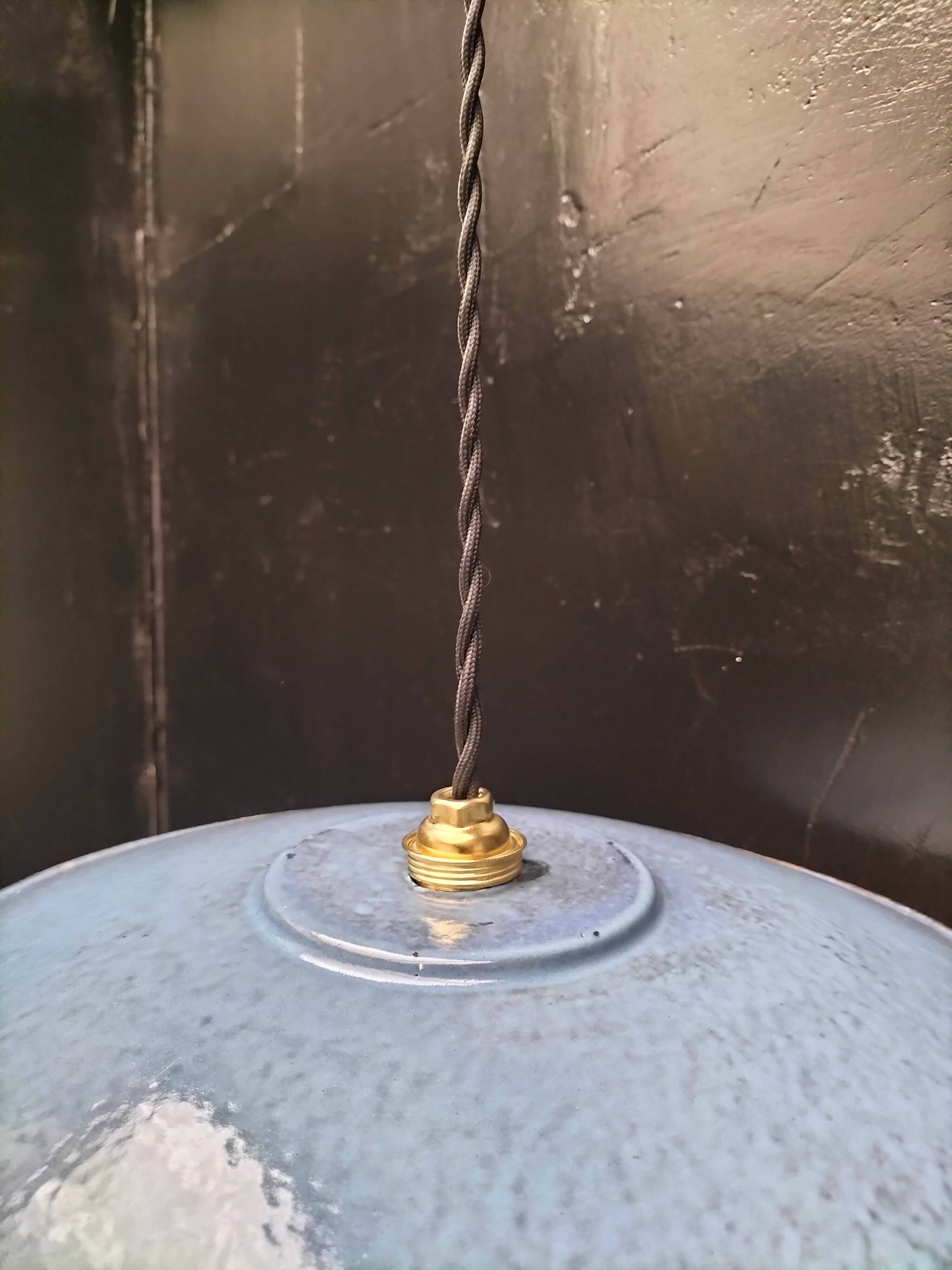 3 blue enameled sheet metal pendant lights