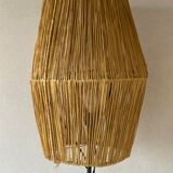 Wrought iron floor lamp with magazine holder and sisal shade, 1950s