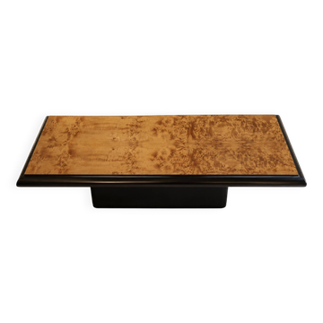 Large vintage coffee table in walnut veneer and black wood, 1980s.