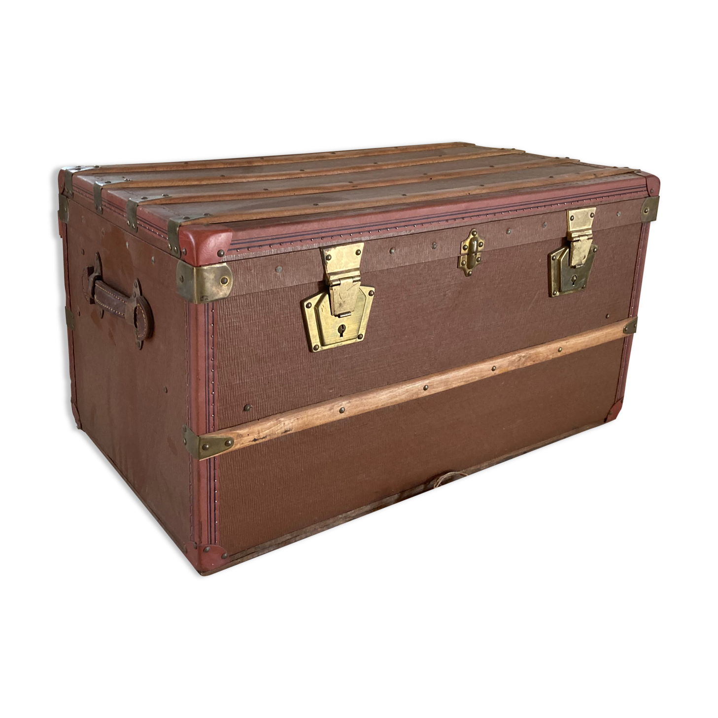 Malle de voyage rectangle debut XXe bois gaine de cuir marron