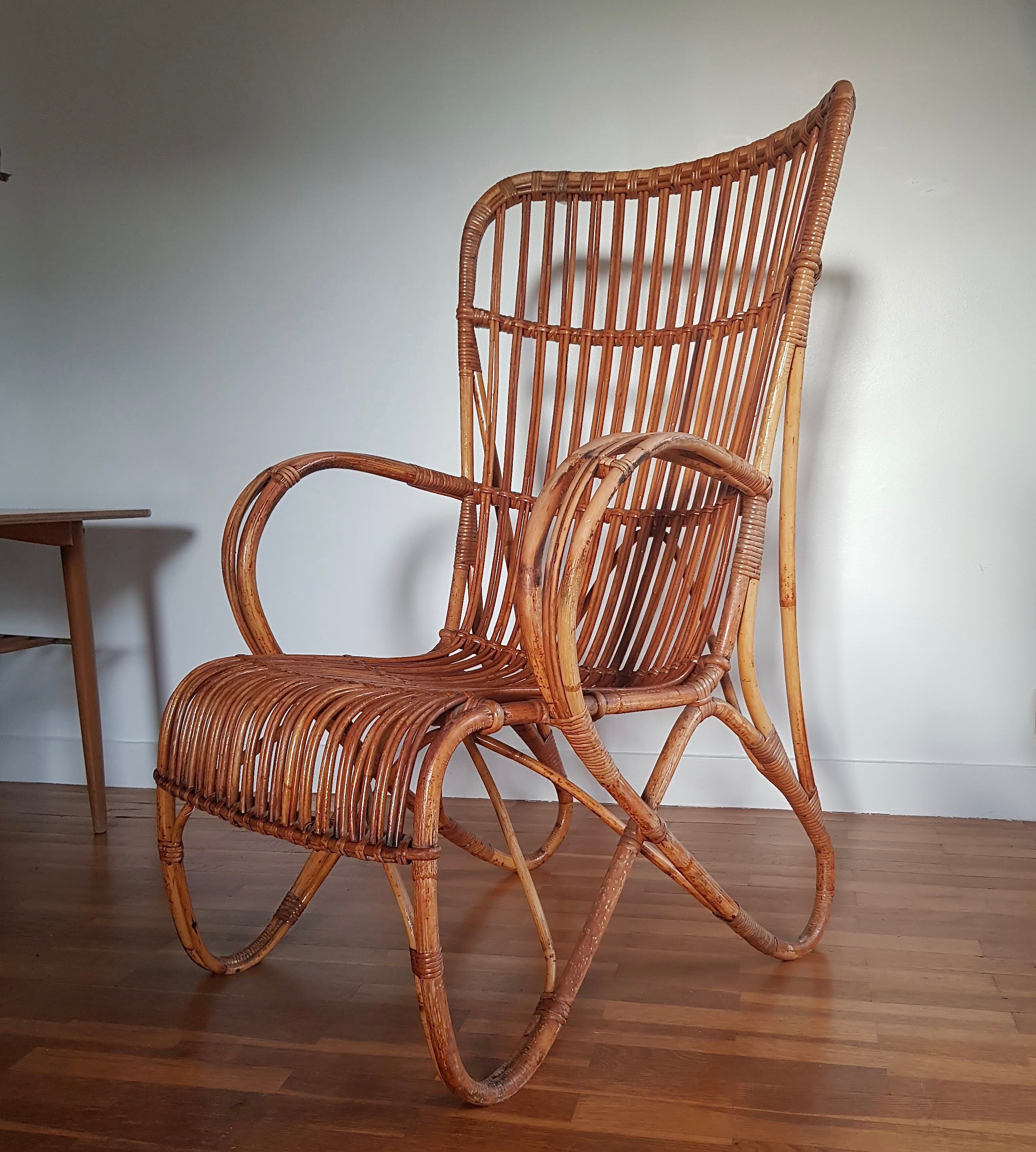 Large vintage rattan and bamboo armchair for Rohe Noordwolde 1950