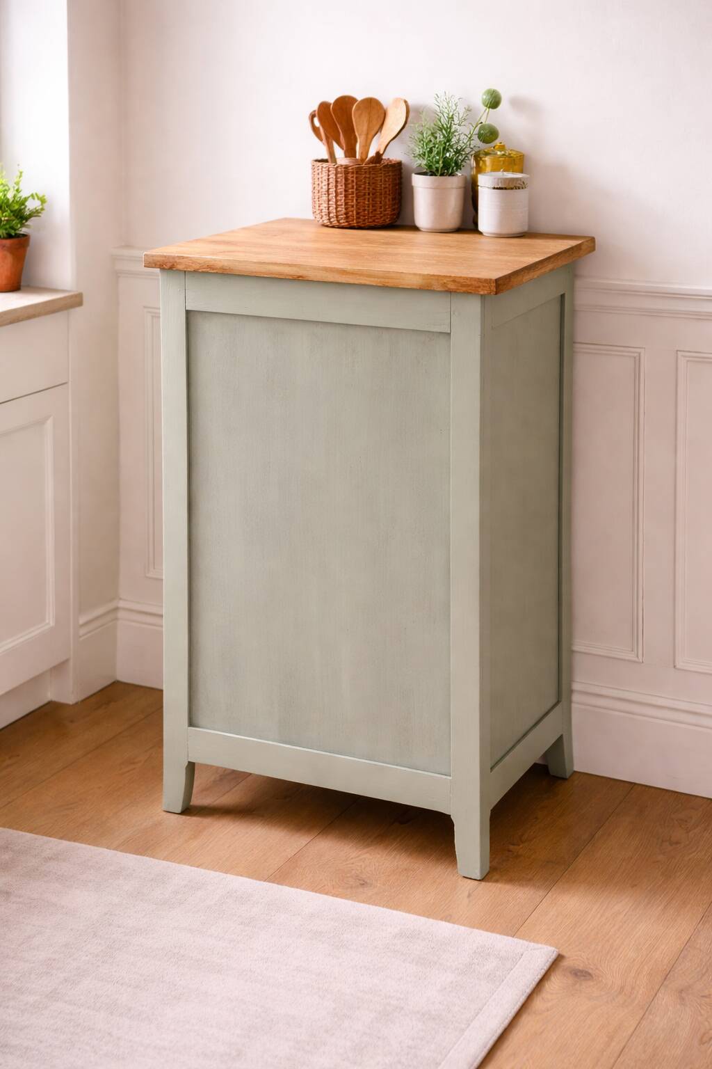 Vintage Parisian cupboard with 1 door, 1 drawer, reimagined in grey-green.