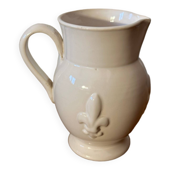 Old white ceramic pitcher with fleur de lys in relief h 14 cm