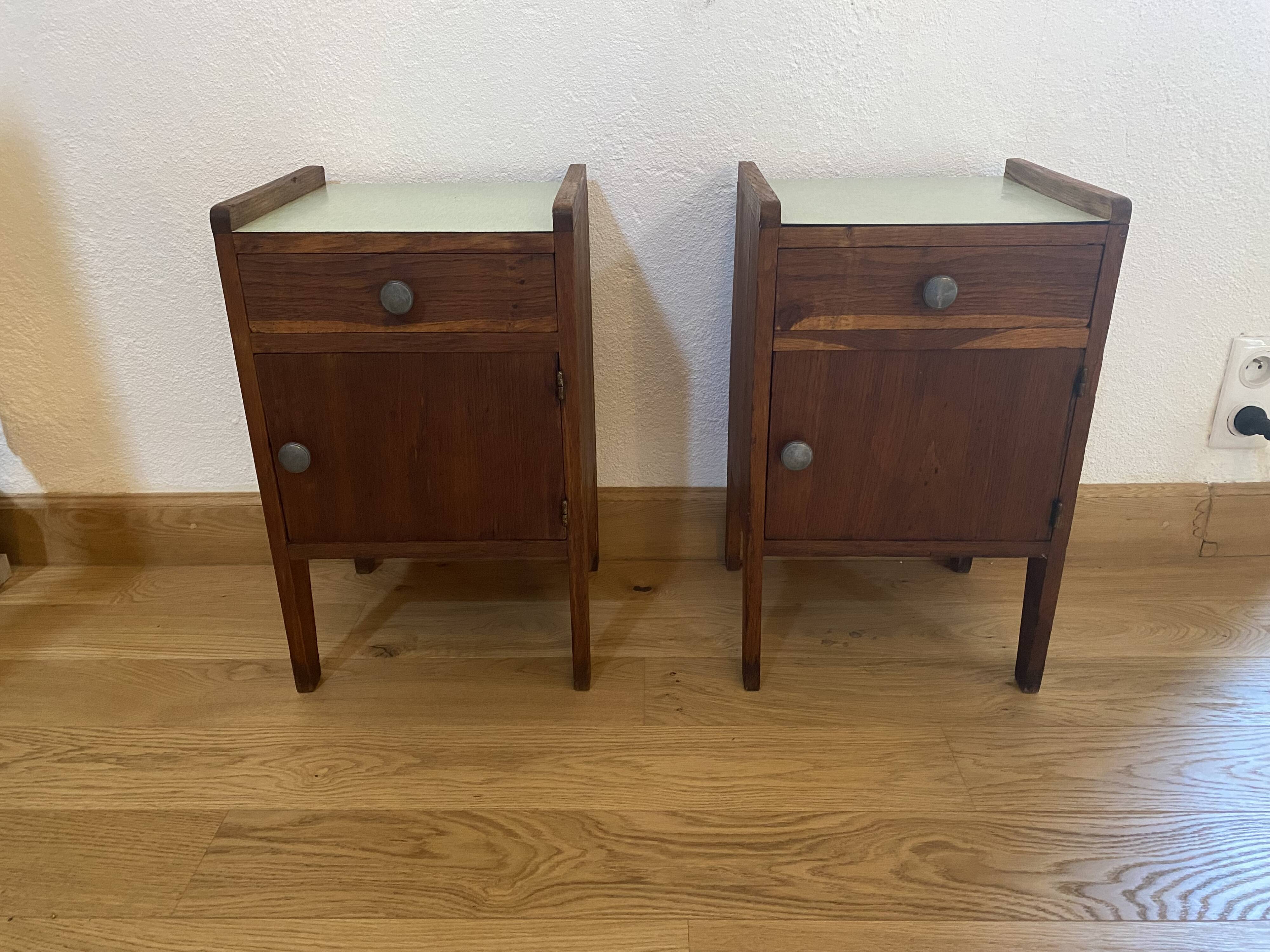 Pair of solid oak bedside tables from the 1950s.