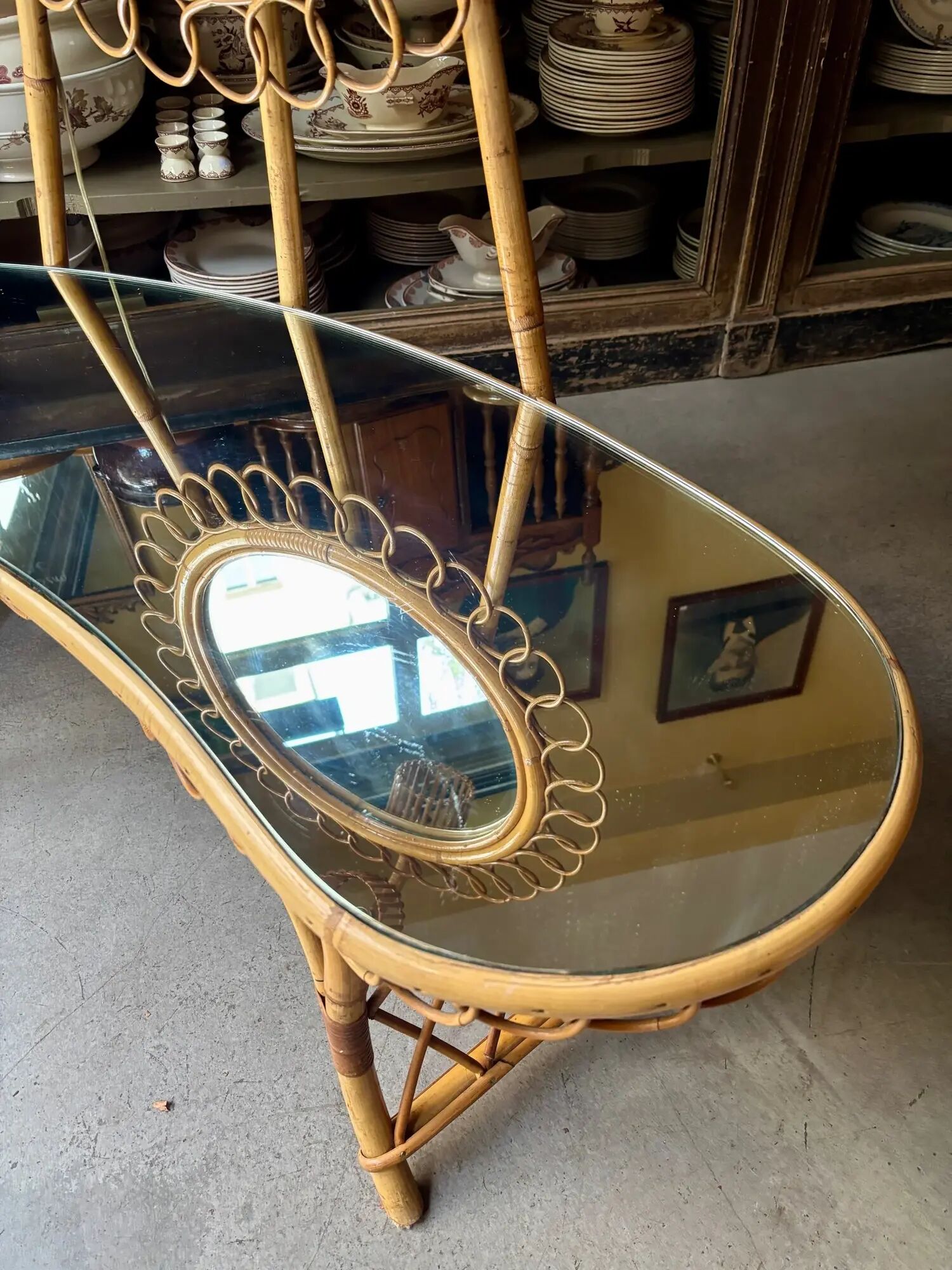Bamboo, rattan and mirror dressing table with lighting in the style of Audoux-Minet, 1960s.