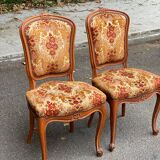2 Louis XV chairs in solid wood and red-yellow fabric