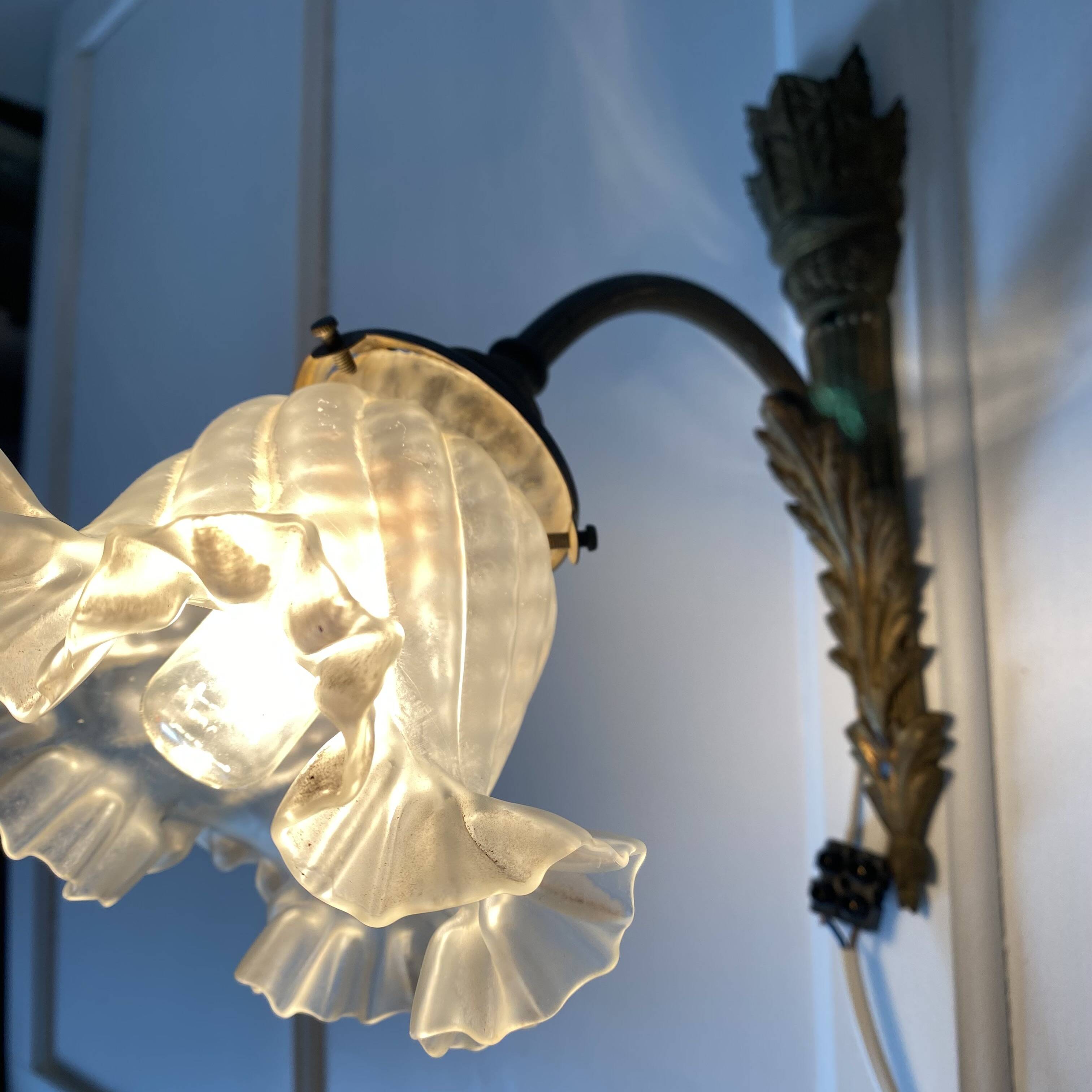 Antique bronze and glass tulip wall lamp