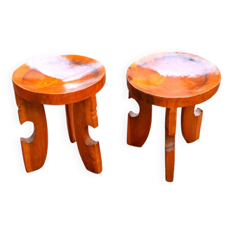 Pair of solid wood stools in African style