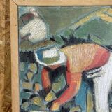 Oil on canvas signed O. Stephane, vintage painting of a grape harvest scene.