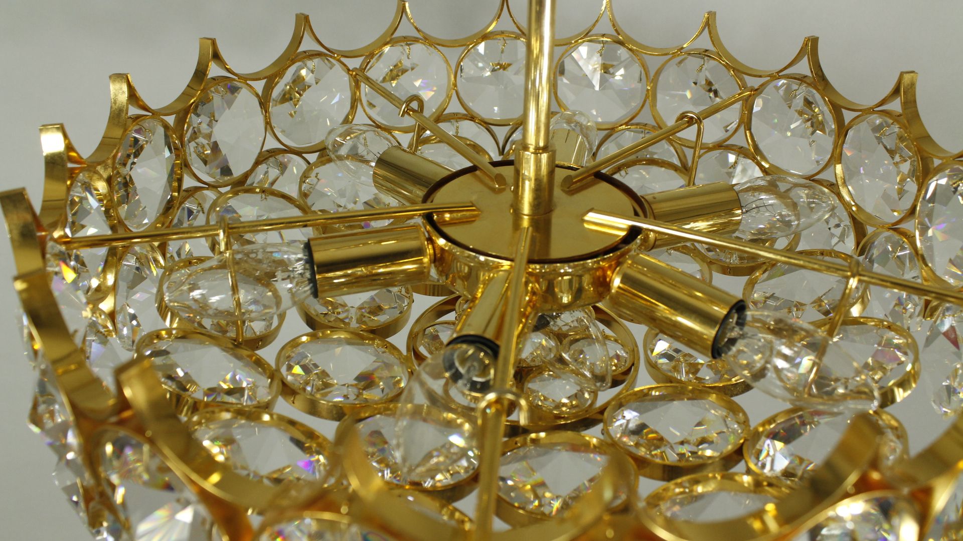 1970s Palwa Chandelier, gold plate and faceted crystals