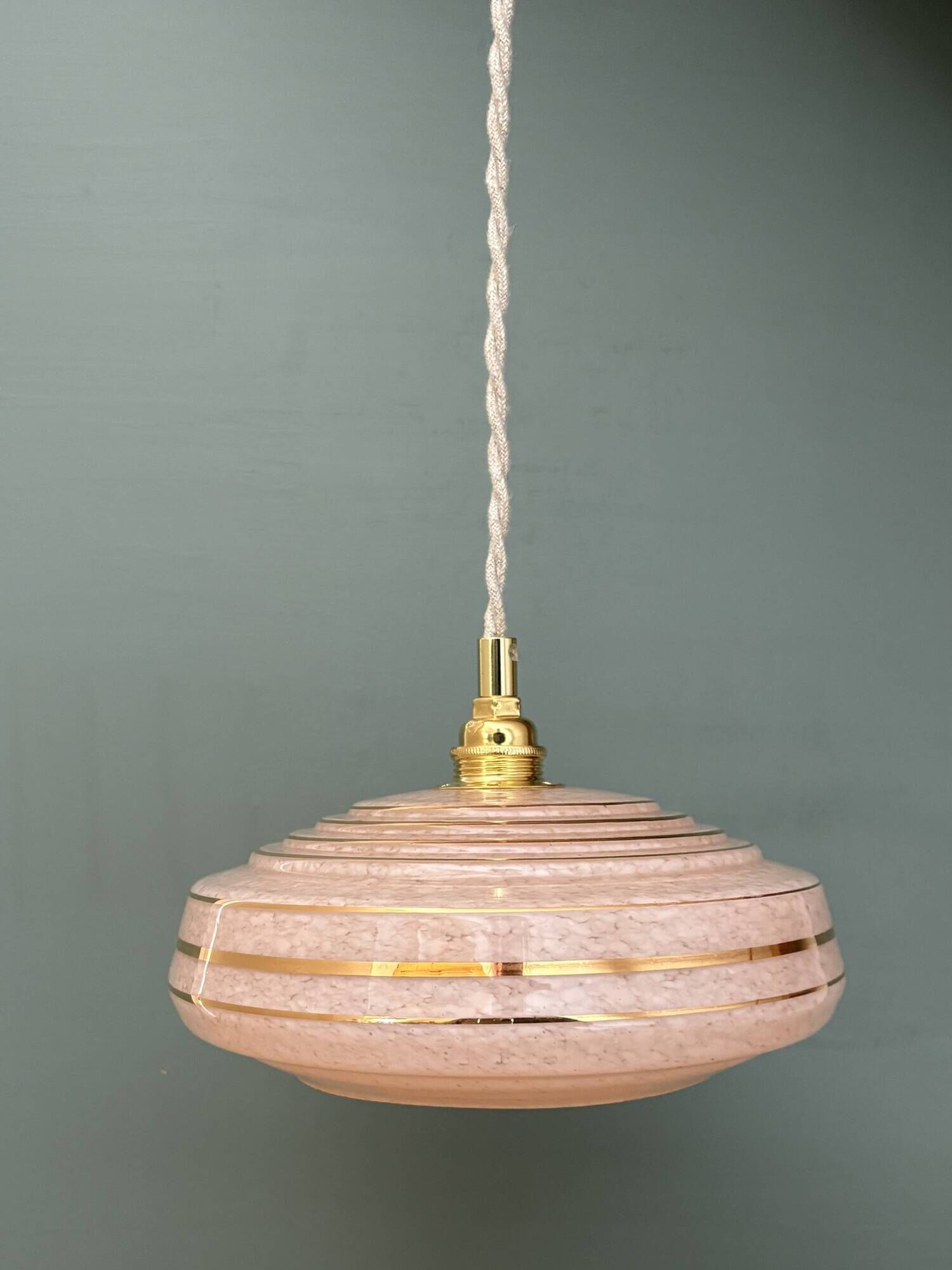 Vintage pendant lampshade in pink Clichy glass with gold trim