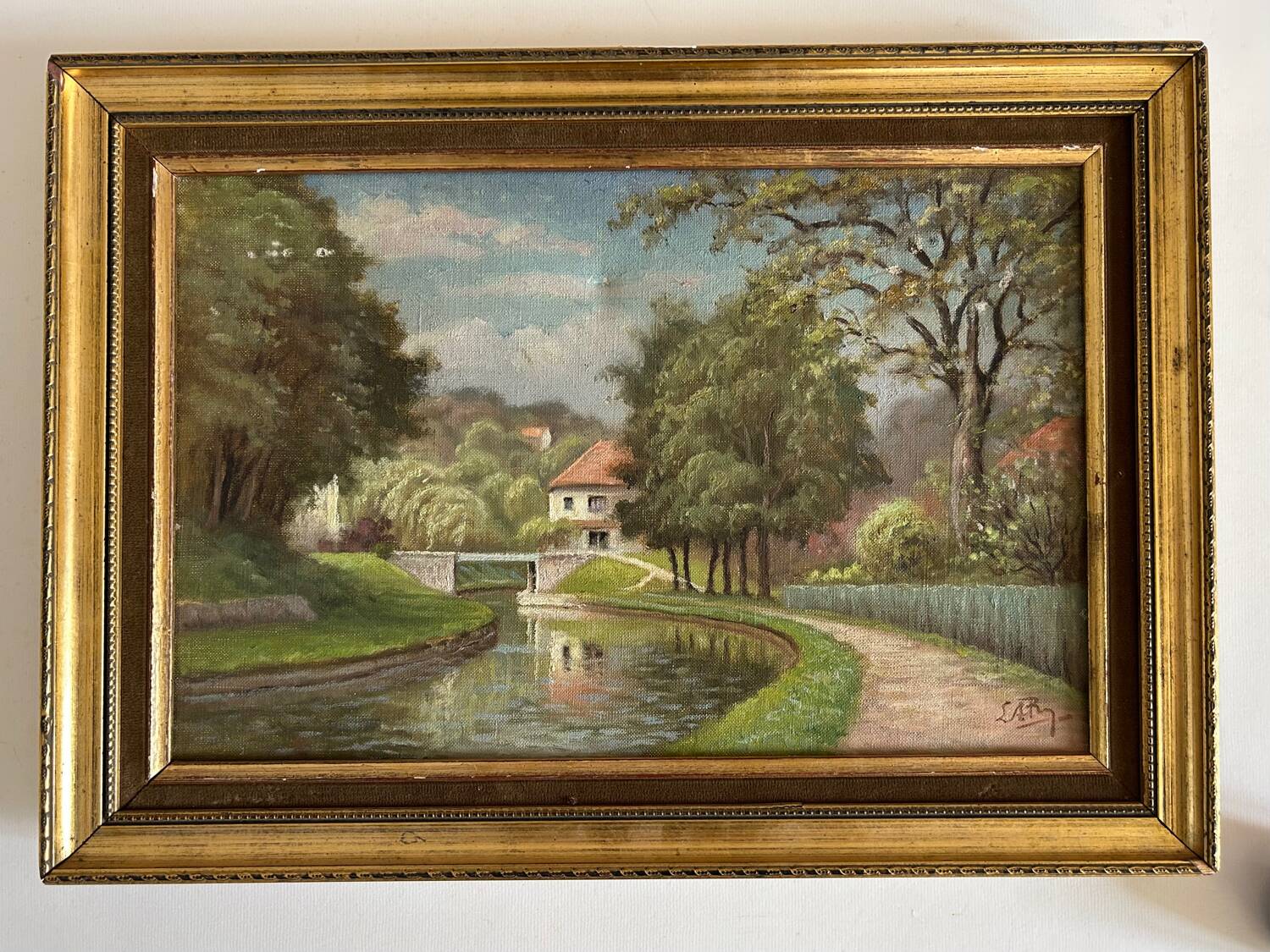 Huile sur Toile « Le pont de Blamont sur l'Ourcq » de Laby . XX.