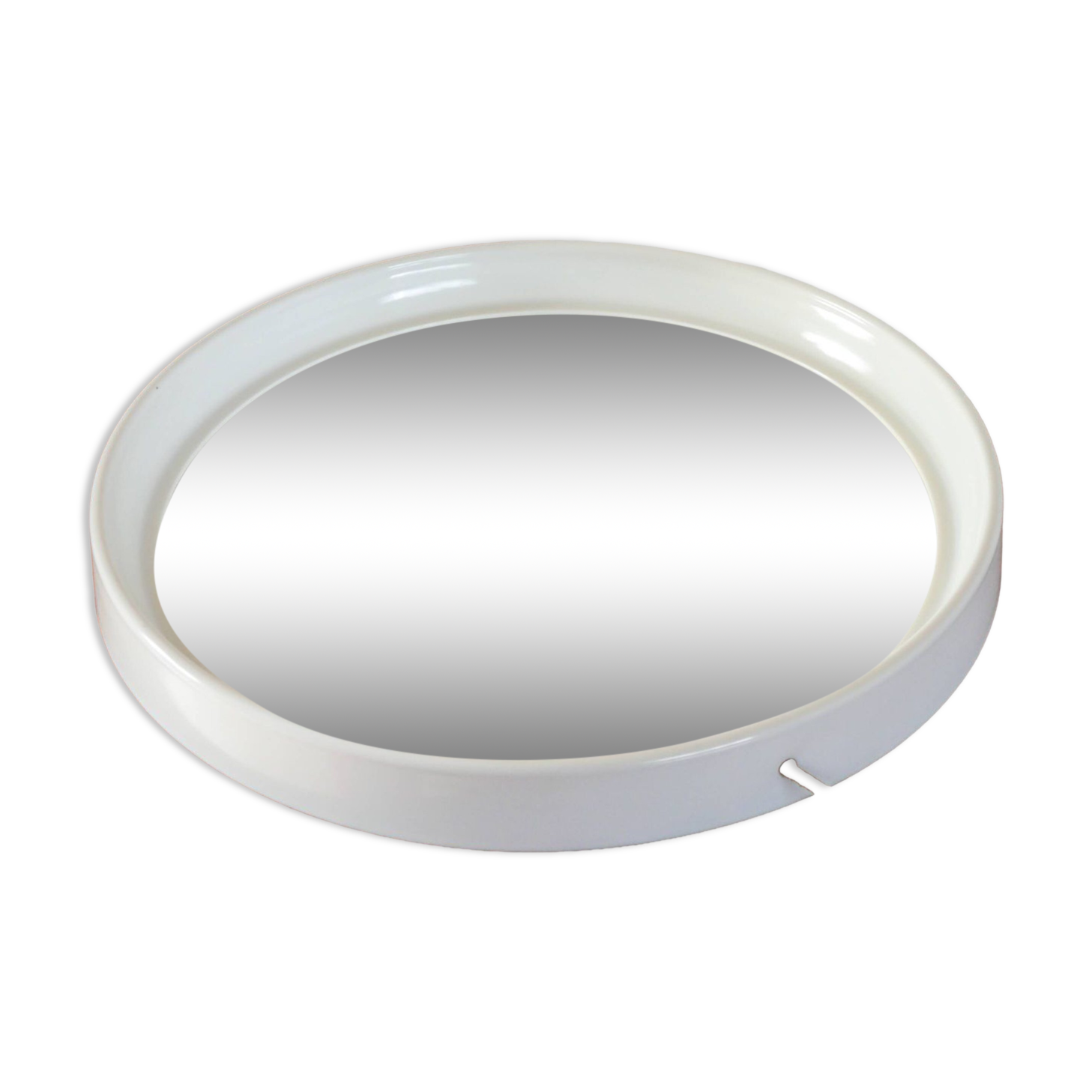 Miroir casquette design rond en plexi écru avec lanière en cuir 1970