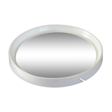 Miroir casquette design rond en plexi écru avec lanière en cuir 1970
