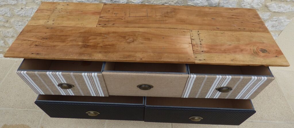 Console with raw wood top and 5 drawers in burlap and imitation leather