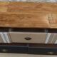 Console with raw wood top and 5 drawers in burlap and imitation leather