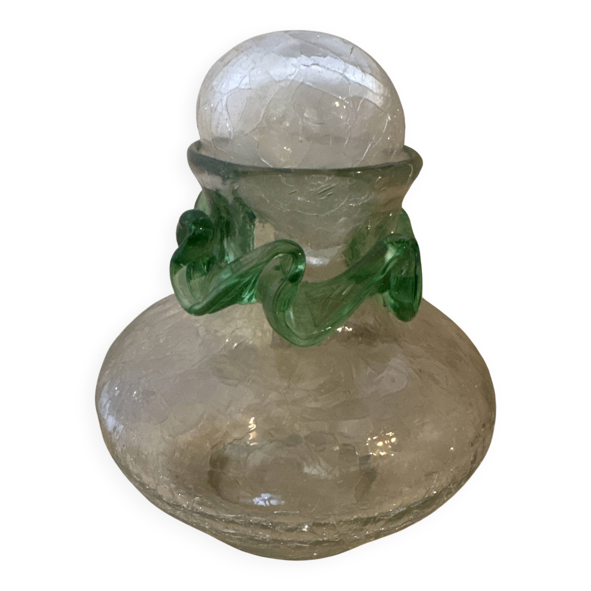 Vintage cracked glass carafe with green collar MCM – 1950s