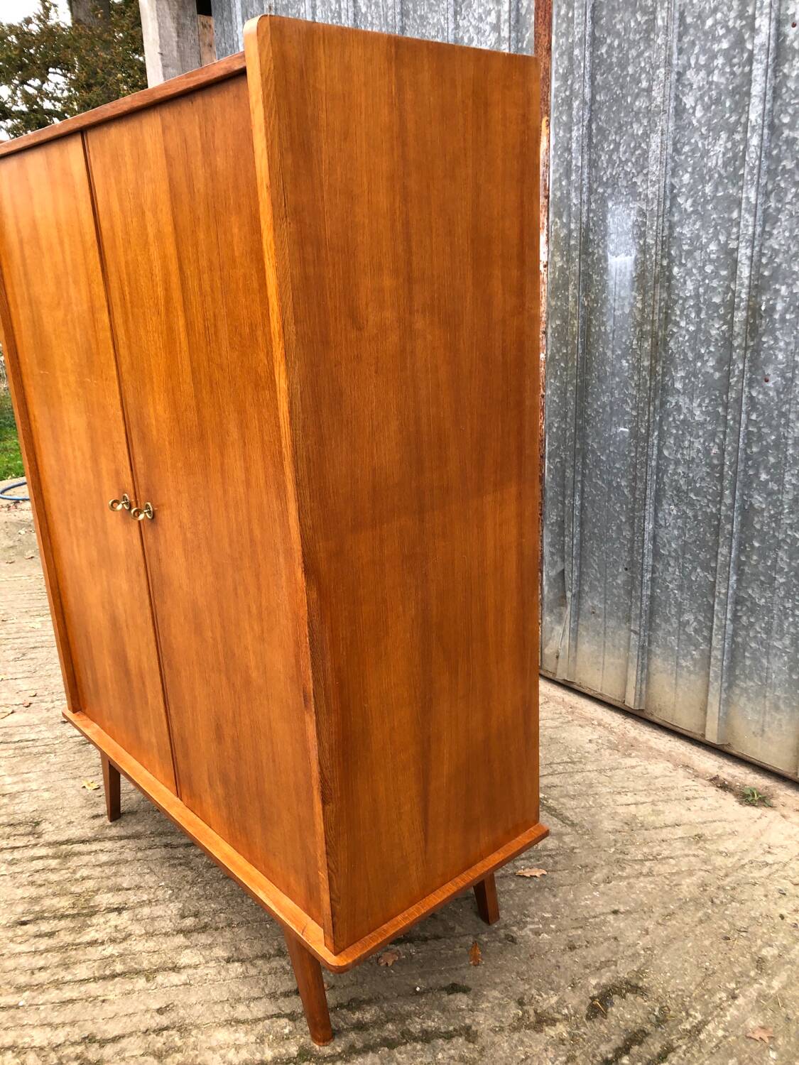 Vintage wardrobe with 2 doors and compass legs, made of oak plywood
