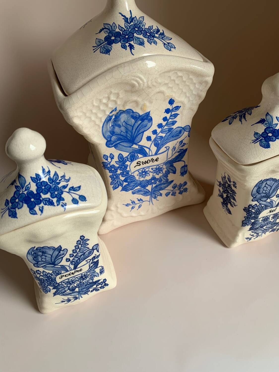 Delf 1895 M spice jars for sugar, pepper and salt in porcelain