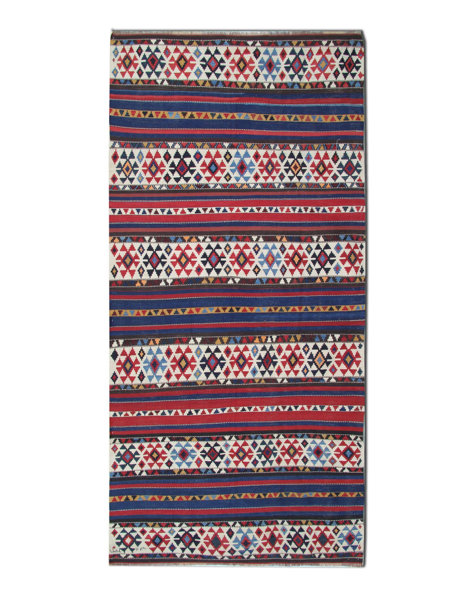 Shirvan Kilim Runner 1940s, Tribal Wool Striped Geometric Rug 340x160cm