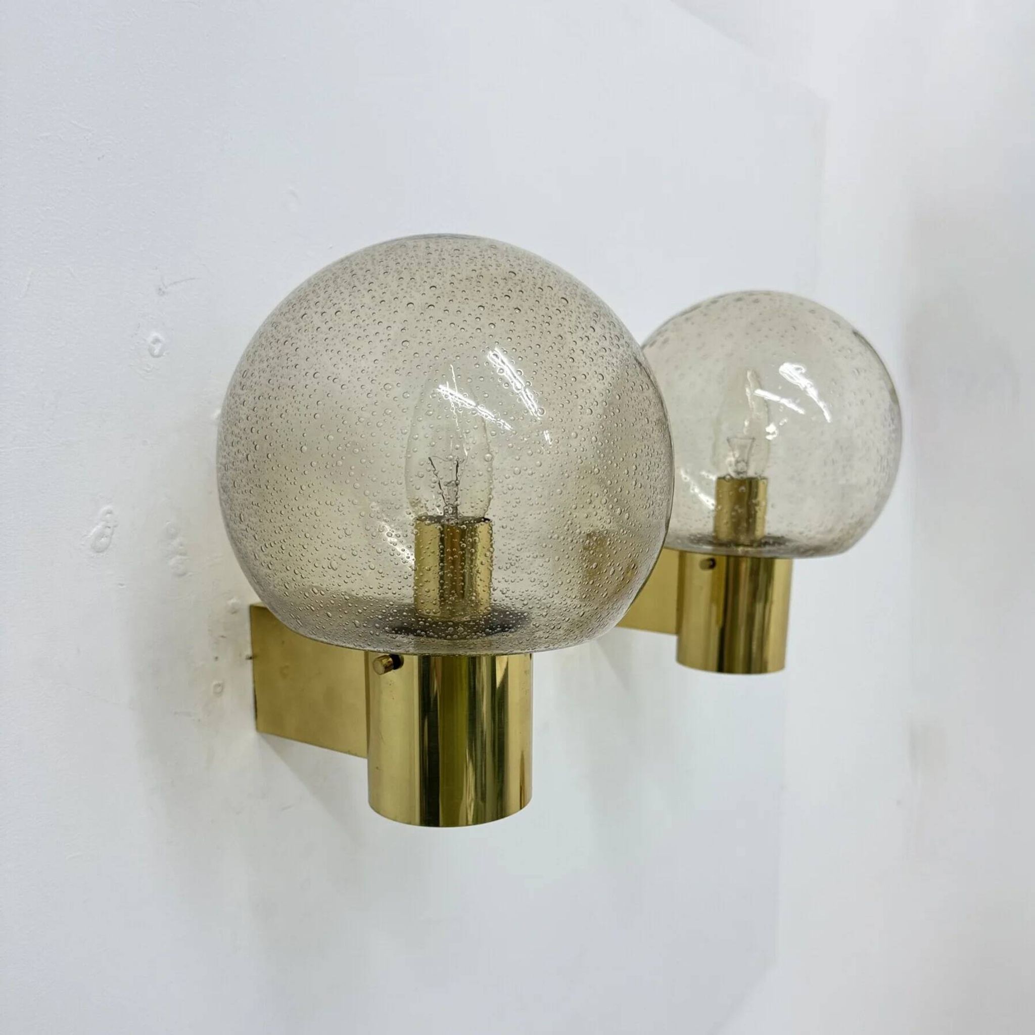 Mid-century Limburg Glashütte wall light brass with smoked bubble glass, 1970s