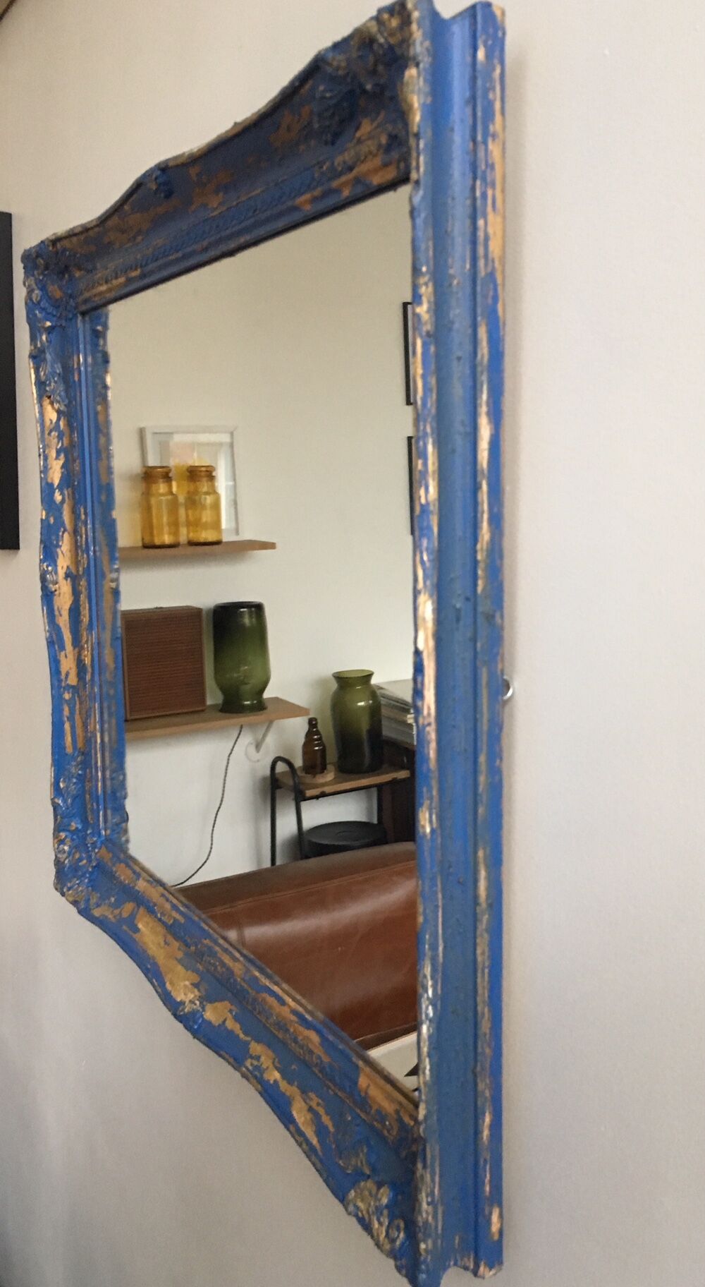 Antique mirror Louis Philippe style blue and gold patinated 58x48cm