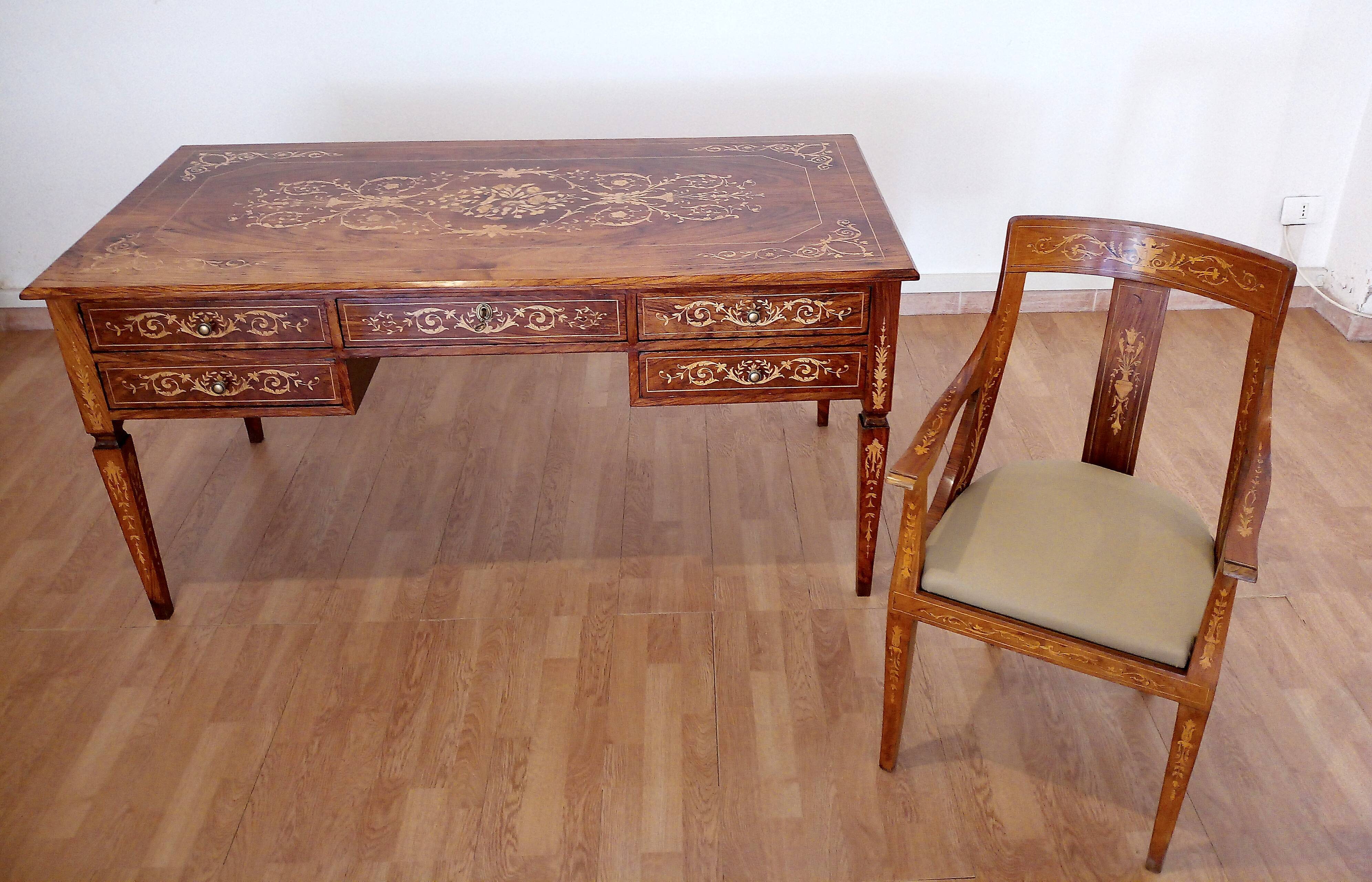 Louis XVI style italian bank desk and bench, 1920s