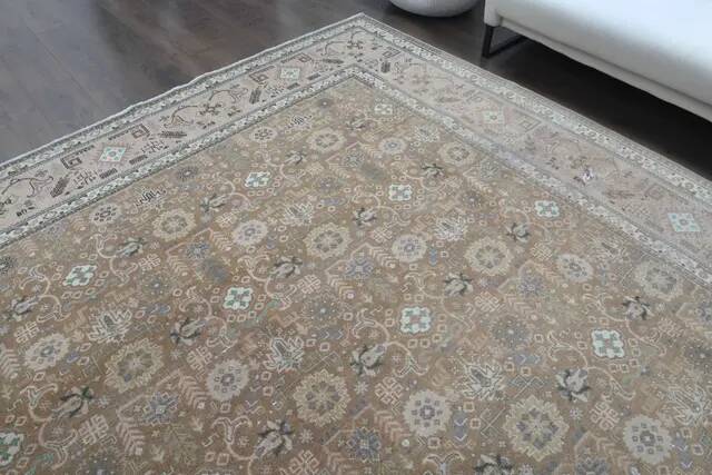 1970s Vintage Persian Handmade Wool Cotton Light Brown Area Rug 290x372