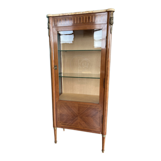 Old Louis XV showcase in marquetry and windows 3 faces early twentieth century
