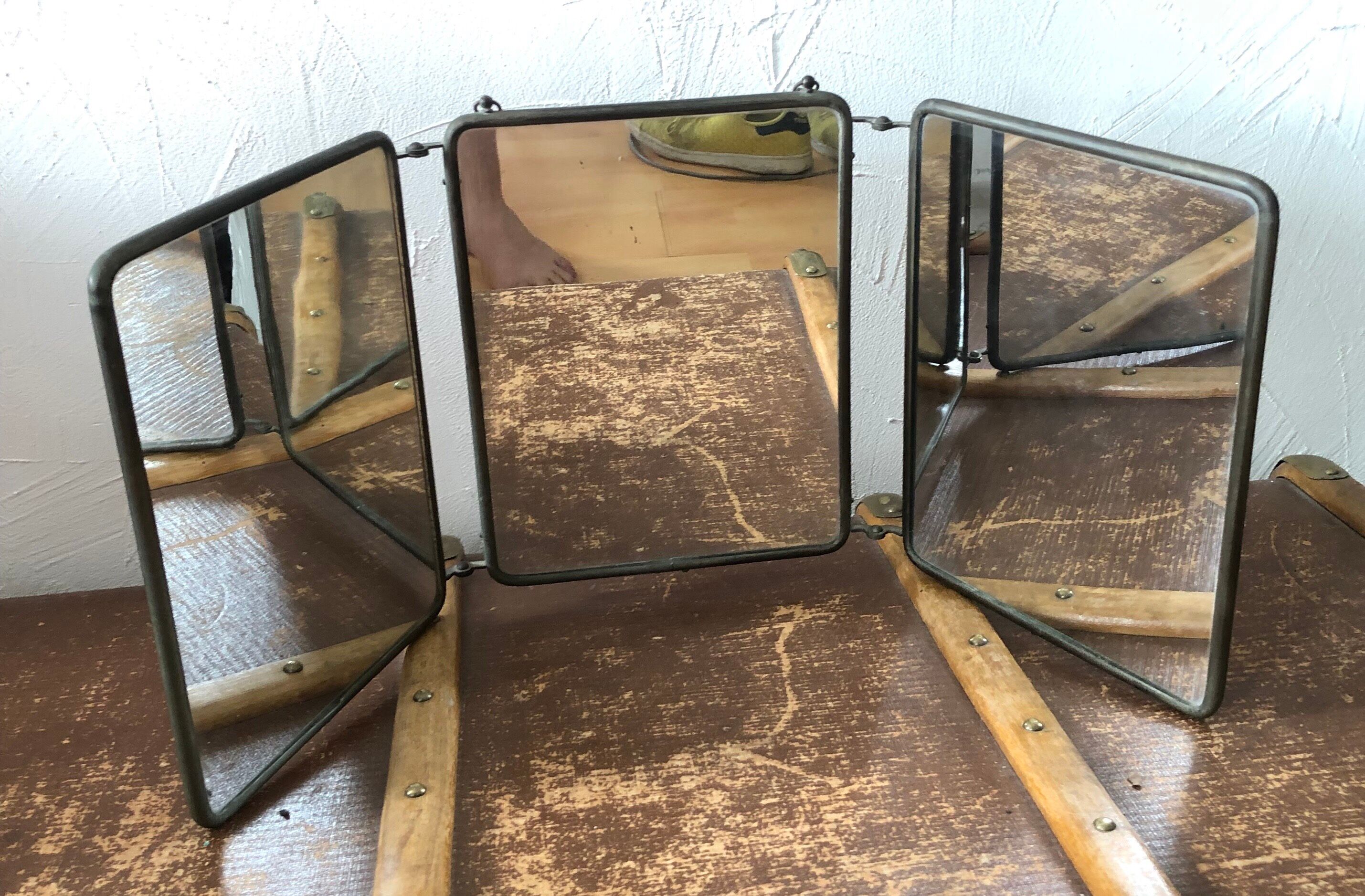 Ancient barber mirror, tryptic brass mount 60x24cm