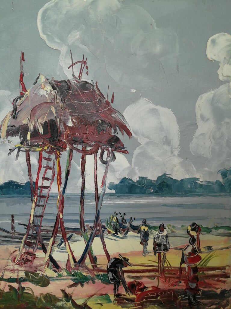 DOM, cabin on the shores of Lake Tanganyika, African painting, circa 1950