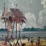 DOM, cabin on the shores of Lake Tanganyika, African painting, circa 1950