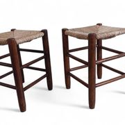 Charlotte Perriand Style, Pair of Rustic Wood and Straw Stools, France, c. 1950s