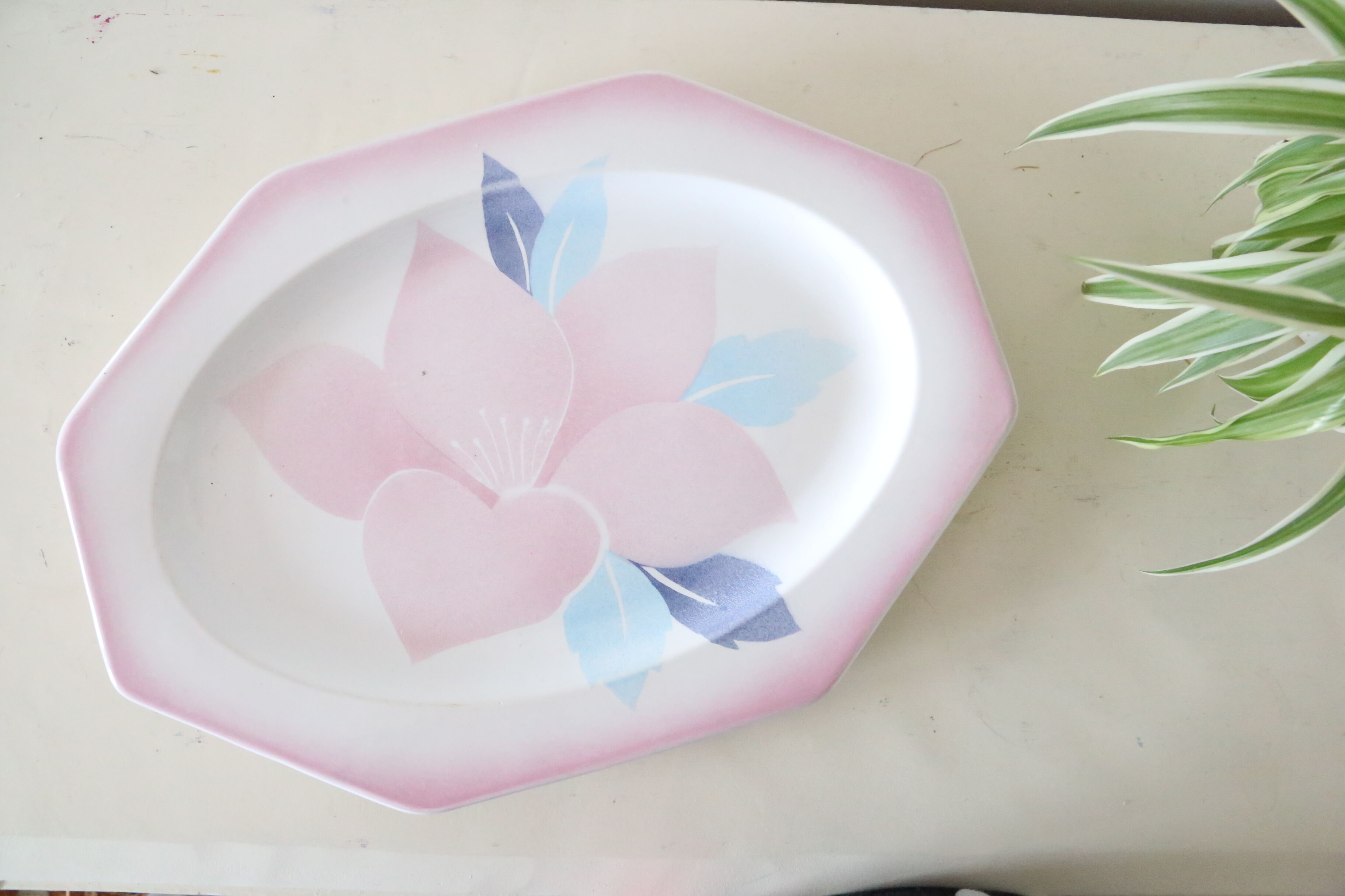 Octagonal dish Niderviller, Magnolia pattern, 1980, vintage