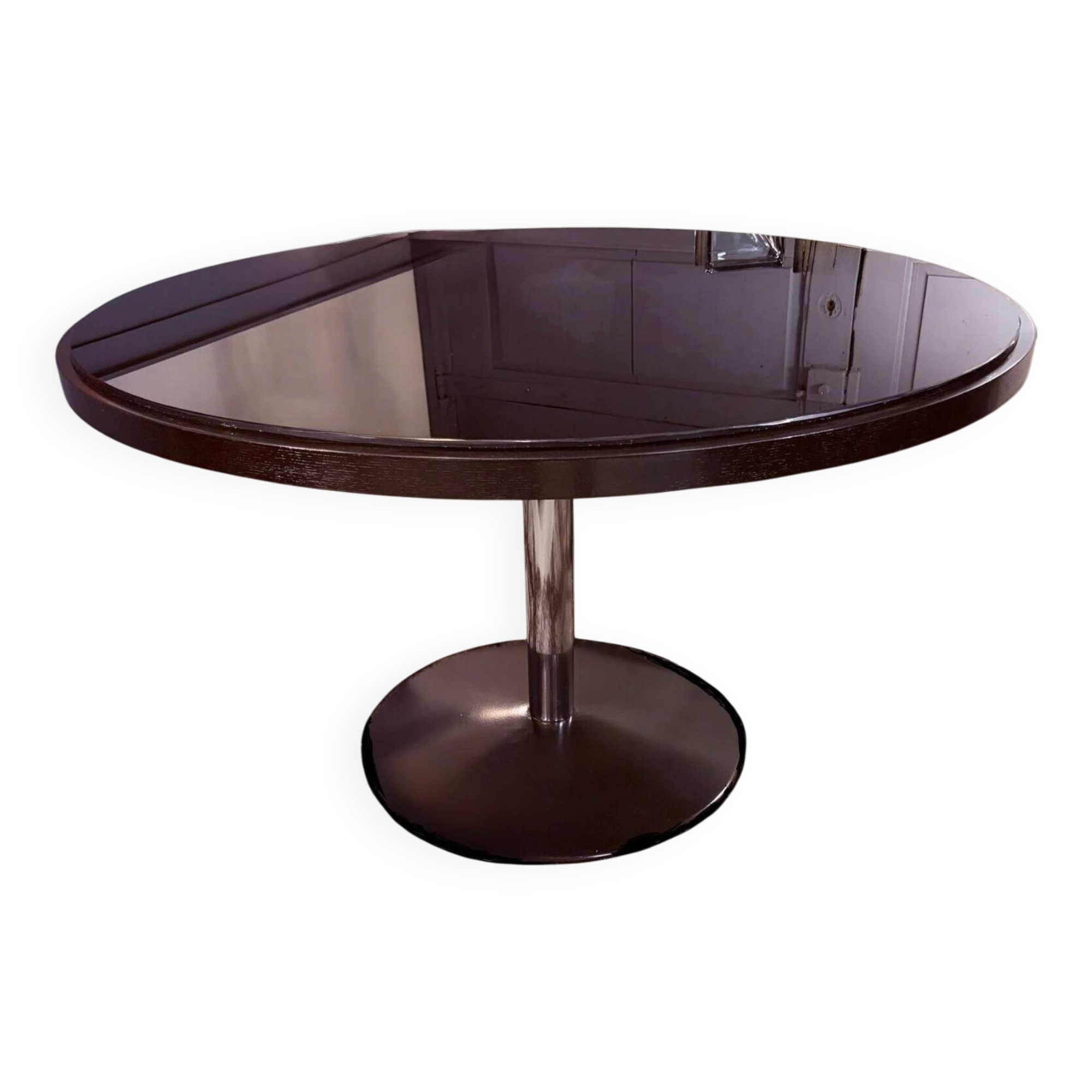 Round dining table, 1980s, black stained wood with glass top
